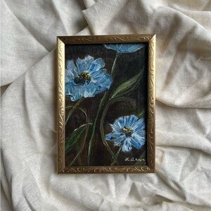 “Blue Bloom” Original oil flower painting framed in gold